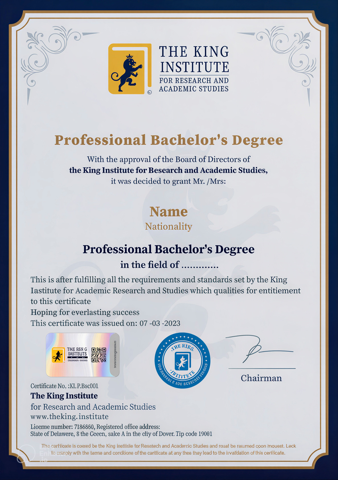 Professional Bachelor's Degree Certificate Template